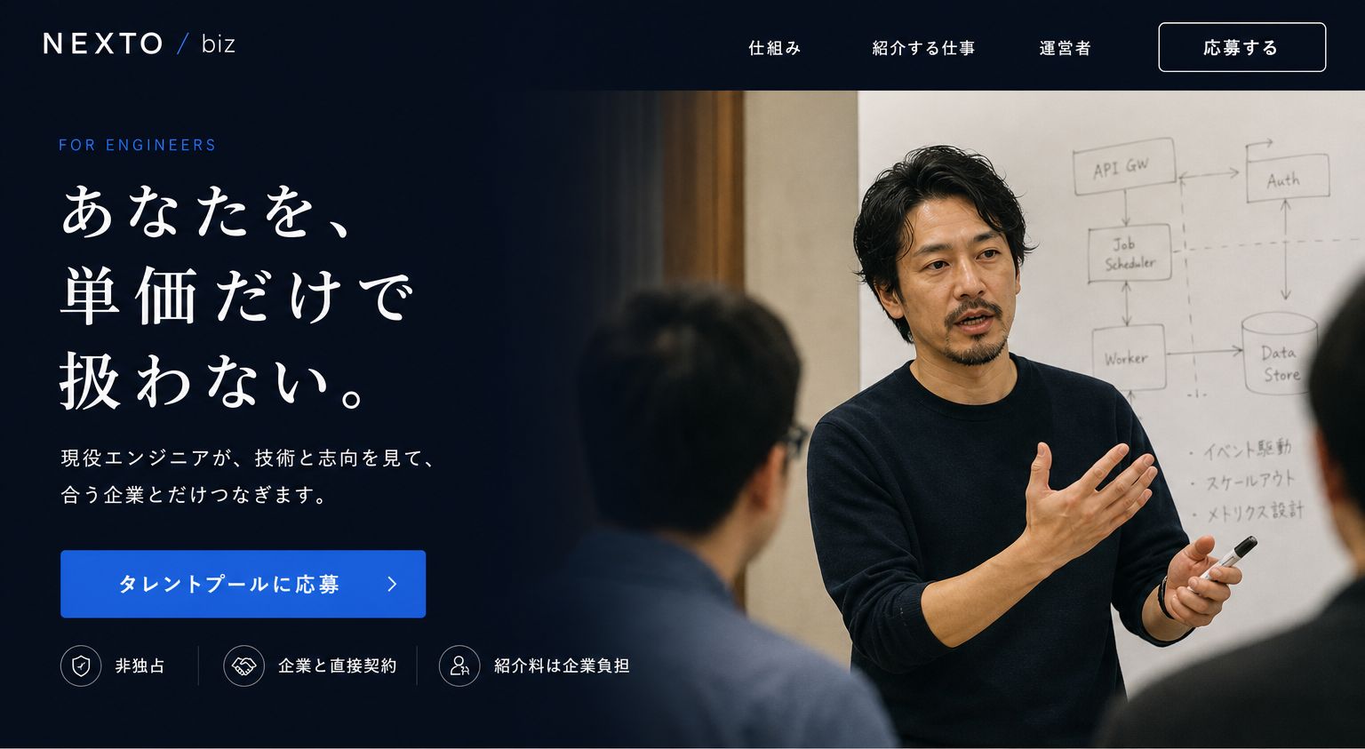 設計図を前に、技術を説明するエンジニア